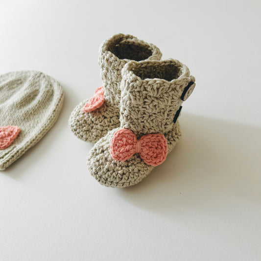 Bow Beanie + Bootees - Oatmeal & Peach