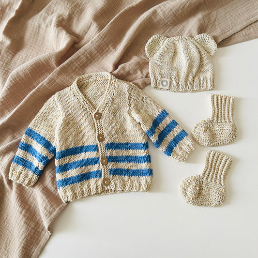 Striped Cardigan - Oatmeal & Cobalt
