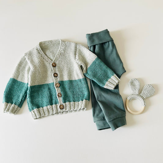 Colour Block Cardigan - Stone-grey & Pine Green