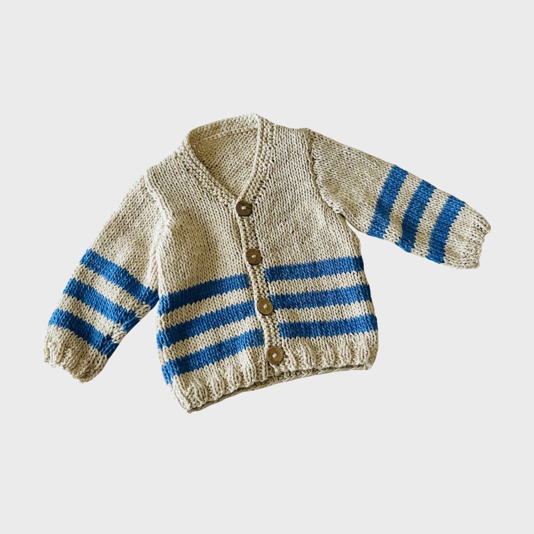 Striped Cardigan - Oatmeal & Cobalt