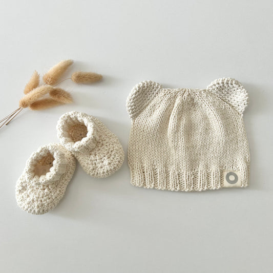 Baby Bear Beanie + Ribbed Bootees - Vanilla